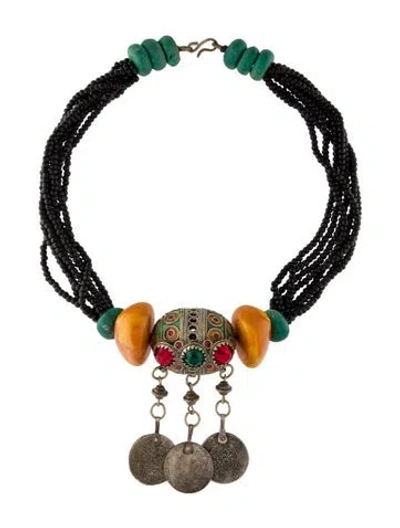 Pre-owned Necklace Vintage Crystal, Enamel, Glass Bead & Resin Coin , 22" In Multi