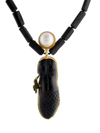 Pre-owned Necklace Whitney Abrams 18k Pearl, Tourmaline & Hawk's Eye Quartz Pendant , 19" In Multi