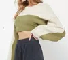 Needii Long Sleeve Two Tone Cropped Sweater In Cream/olive In Green