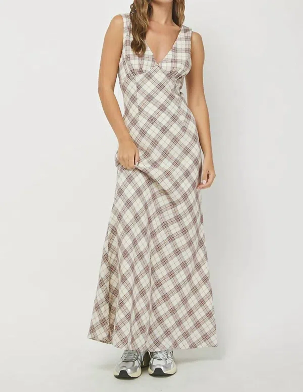 Needii Plaid Maxi Dress In Cream In White | ModeSens