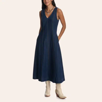 Needii Women's Dark Wash Denim V-neck Seamed Maxi Dress In Blue