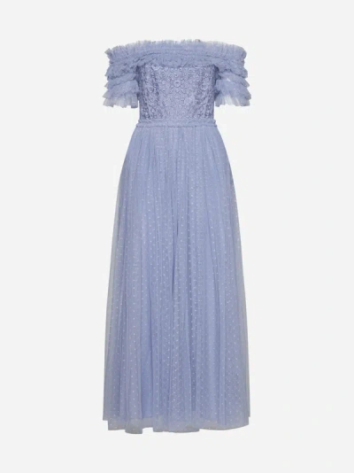 Needle &amp; Thread Midsummer Lace And Tulle Off-shoulder Ankle Gown In Iris Blue