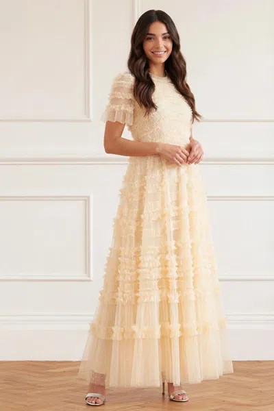 Needle & Thread Amara Round Neck Ruffle Gown In Yellow