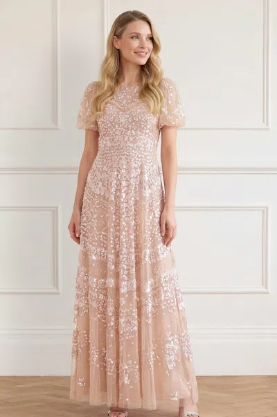 Needle & Thread Anais Sequin Short Sleeve Gown In Sand