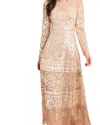 Needle & Thread Aurora Long Sleeve Round Neck Gown In Gold