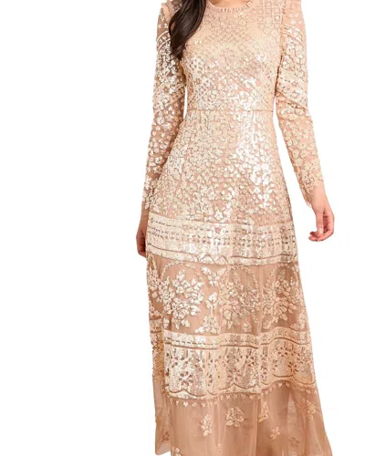 Needle & Thread Aurora Long Sleeve Round Neck Gown In Gold