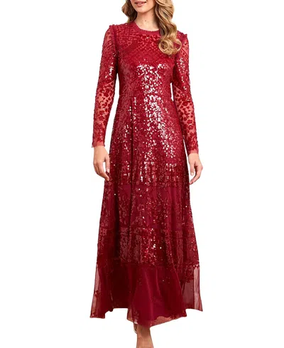 Needle & Thread Aurora Long Sleeve Round Neck Gown In Red