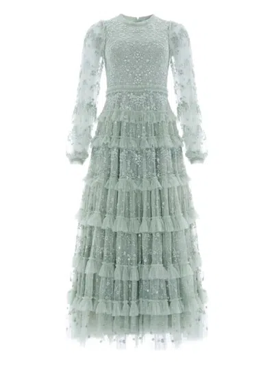 Needle & Thread Blossom Long Sleeve Lace Ankle Gown In Gray