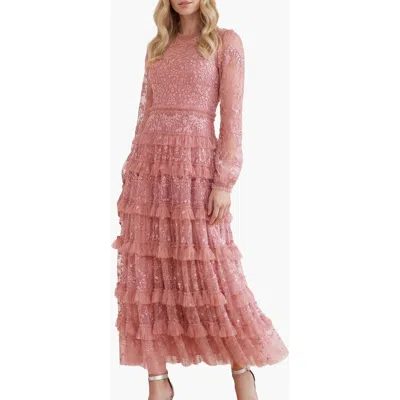 Needle & Thread Blossom Long Sleeve Lace Ankle Gown In Pink