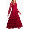Needle & Thread Blossom Long Sleeve Lace Ankle Gown In Red