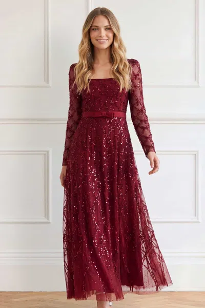 Needle & Thread Bow Lattice Long Sleeve Ankle Gown In Red