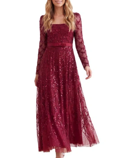 Needle & Thread Bow Lattice Long Sleeve Sequin Gown In Garnet