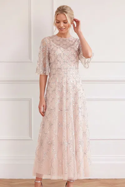 Needle & Thread Bow Lattice Round Neck Ankle Gown In Pink