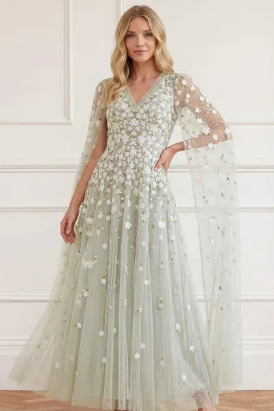 Needle & Thread Camellia Ditsy Cape Sleeve Ankle Gown In Green