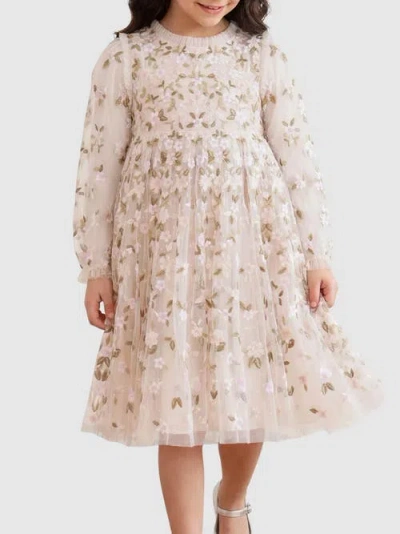 Needle & Thread Camellia Ditsy Long Sleeve Kids Dress In Neutral