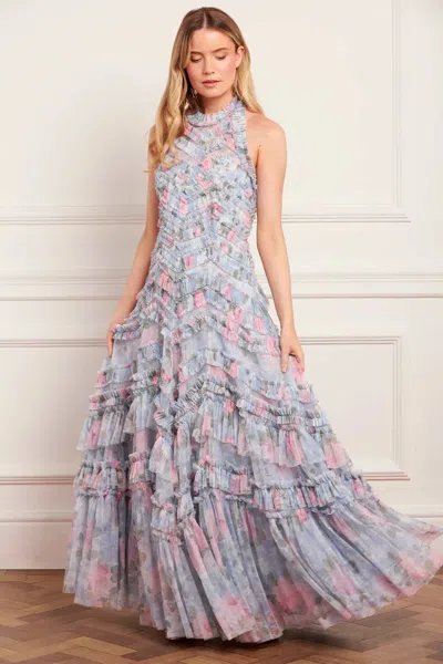 Needle & Thread Camille's Garden Elia Halter-neck Gown In Blue