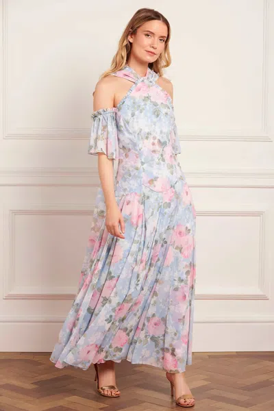 Needle & Thread Camille's Garden Georgette Halter-neck Ankle Gown In Blue
