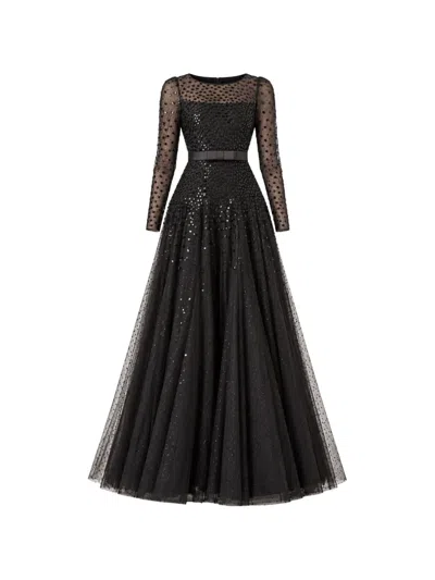Needle & Thread Cascade Bow Sequin-embellished Maxi Gown In Black
