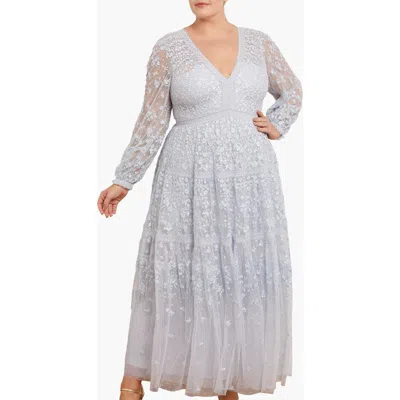 Needle & Thread Celestia Ribbon Long Sleeve V-neck Gown In Blue