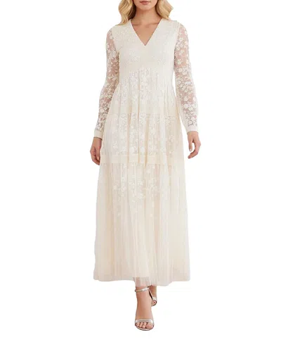 Needle & Thread Celestia Ribbon Long Sleeve V-neck Gown In Neutral