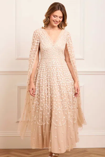 Needle & Thread Clover Cape Sleeve Ankle Gown In Sand