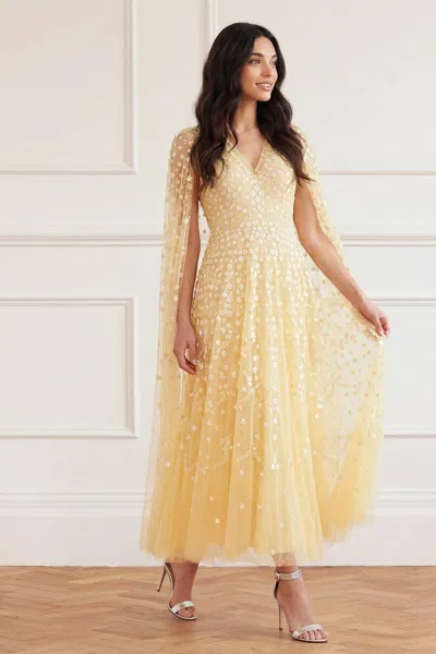 Needle & Thread Clover Cape Sleeve Ankle Gown In Yellow