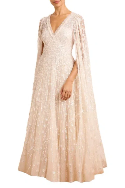 Needle & Thread Comet Embellished Cape V-neck Maxi Dress In Neutral