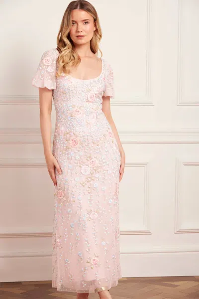 Needle & Thread Cressida Embroidery Puff Sleeve Ankle Gown In Pink