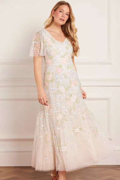 Needle & Thread Cressida Floral Short Sleeve Ankle Gown In Gold