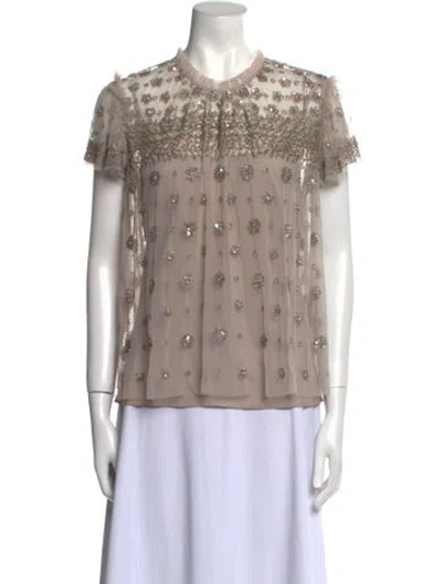 Pre-owned Needle & Thread Crew Neck Short Sleeve Blouse In Neutral