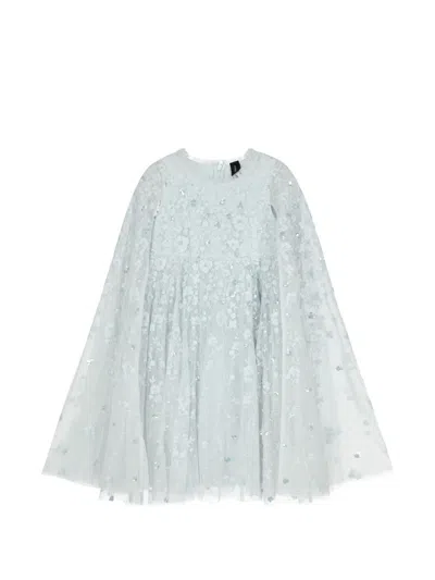 Needle & Thread Kids' Dahlia Clover Cape Flower-embroidered Dress In Blue