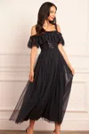 Needle & Thread Dappled Sequin Bodice Off-shoulder Ankle Gown In Black