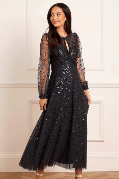 Needle & Thread Dappled Sequin Long Sleeve Ankle Gown In Black
