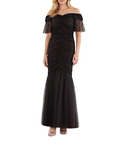 Needle & Thread Dappled Sequin Rouched Off-shoulder Gown In Black