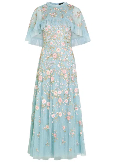 Needle & Thread Eden Rose Embroidered Cape-effect Tulle Gown In Blue