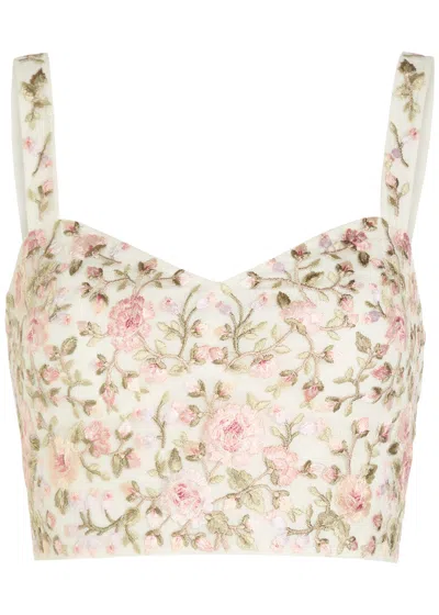 Needle & Thread Eden Rose Floral-embroidered Tulle Crop Top In White