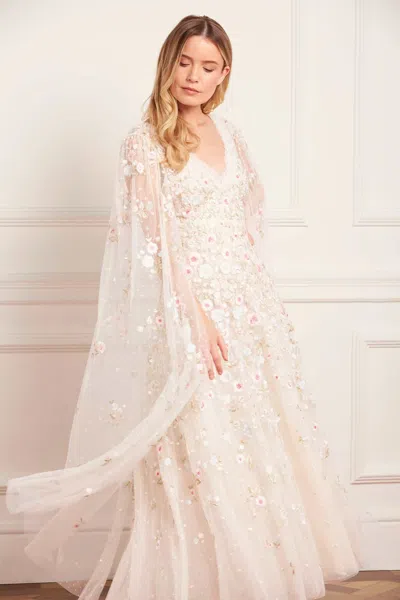 Needle & Thread Ethereal Blooms Cape Sleeve Ankle Gown In Gold