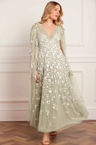 Needle & Thread Ethereal Blooms Cape Sleeve Ankle Gown In Green
