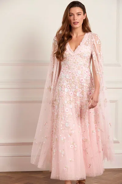 Needle & Thread Ethereal Blooms Cape Sleeve Ankle Gown In Pink