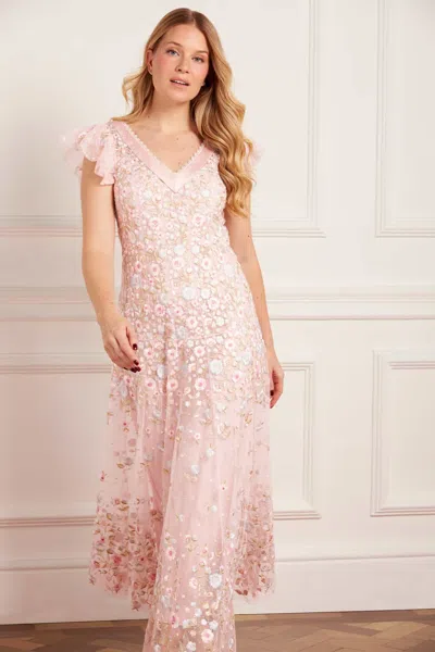 Needle & Thread Ethereal Blooms Short Sleeve Ankle Gown In Pink