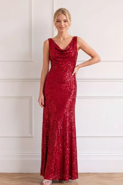 Needle & Thread Evangeline Sequin Cowl Neck Gown In Red