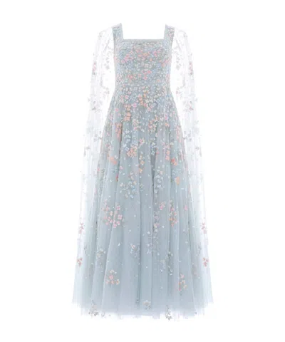 Needle & Thread Floral Cape Sleeve Gown In Blue
