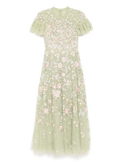 Needle & Thread Antoinettes Floral Round Neck Ankle Gown In Green