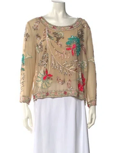 Pre-owned Needle & Thread Floral Print Bateau Neckline Blouse In Neutral