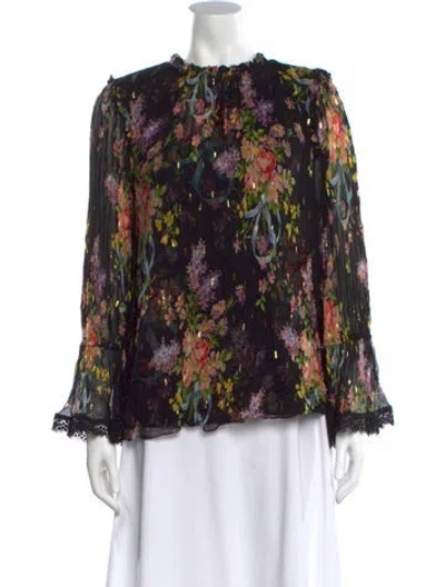 Pre-owned Needle & Thread Floral Print Crew Neck Blouse In Black