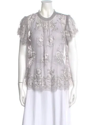 Pre-owned Needle & Thread Floral Print Crew Neck Blouse In White