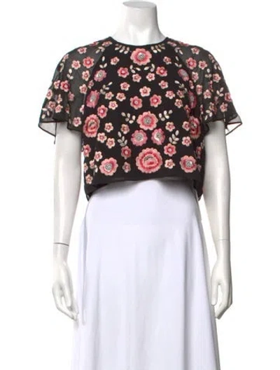 Pre-owned Needle & Thread Floral Print Crew Neck Crop Top In Black