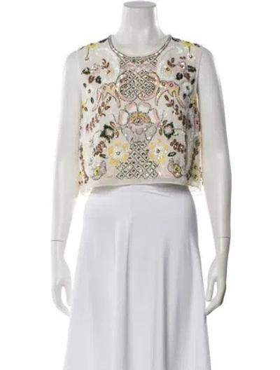 Pre-owned Needle & Thread Floral Print Crew Neck Crop Top In White