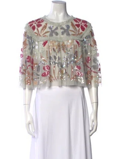 Pre-owned Needle & Thread Floral Print Crew Neck Top In Gray