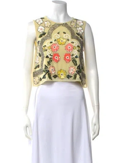 Pre-owned Needle & Thread Floral Print Crew Neck Top In Yellow